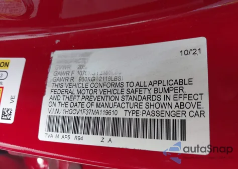 2021 Honda Accord Sport z USA, uszkodzony, nr VIN 1HGCV1F37MA119610